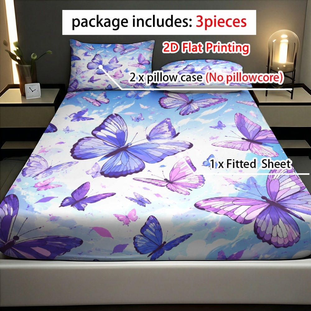 화려한 보라색 나비 하늘 프린트의 침대 시트 및 베개  - Fitted Sheet Deep 리뷰 및 가격